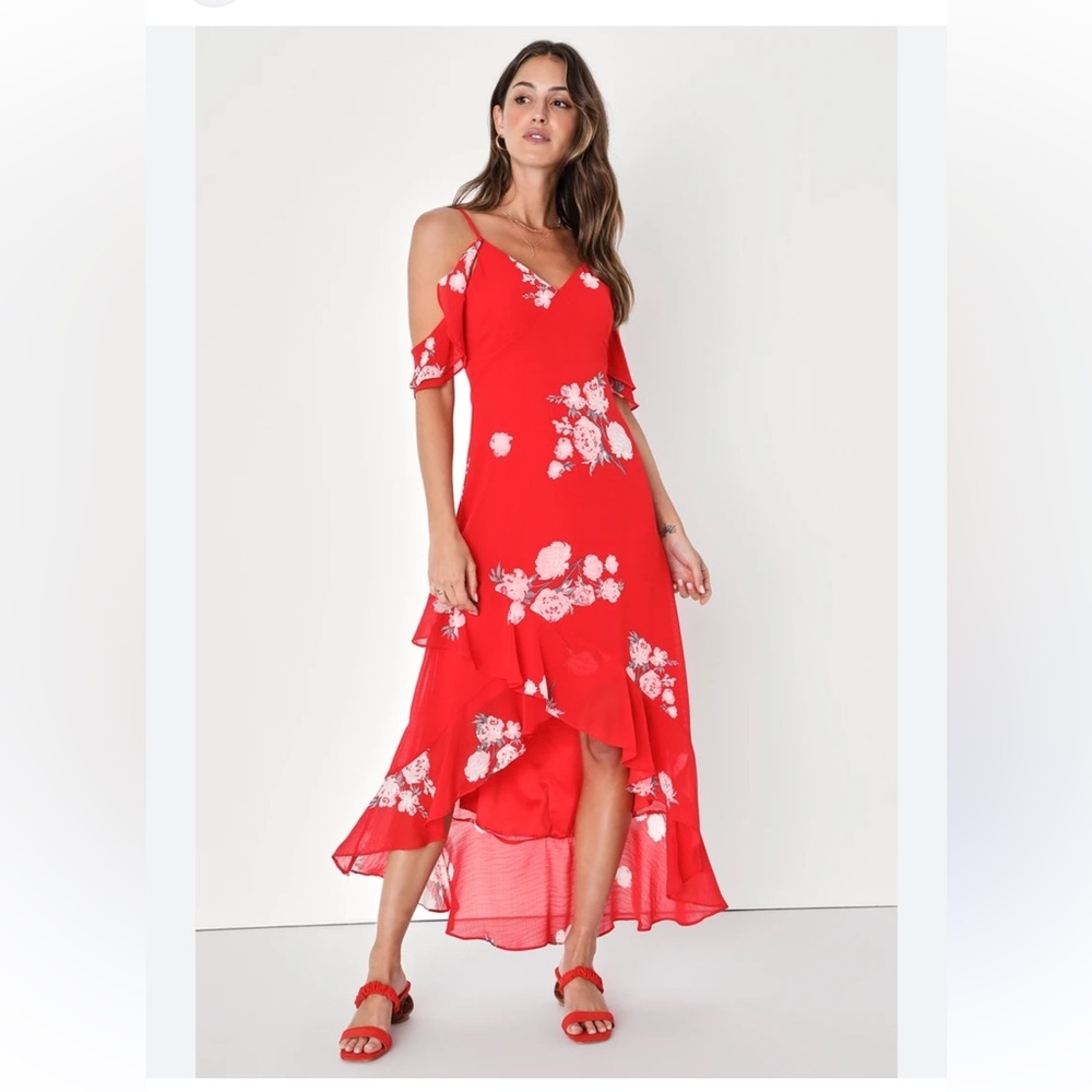 New! Love in Bloom red small floral off the shoulder high low dress.